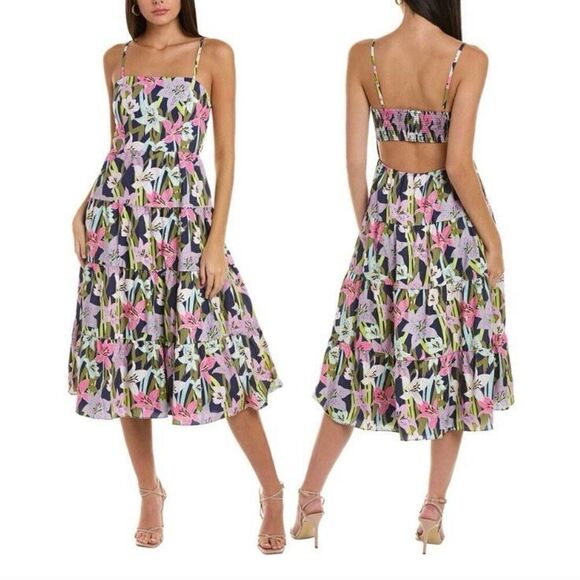 Hutch Simpson Floral Poplin Tiered A-Line Open Back Midi Dress NWT Size Large